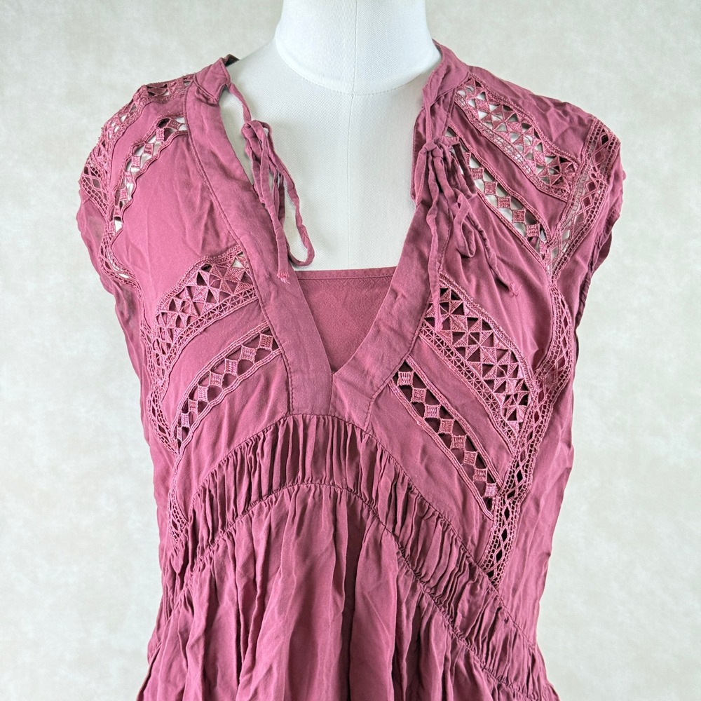 Lucky Brand Tunic Dress XS Boho Lace Burgundy Sleeveless Layered w Slip - Picture 2 of 13